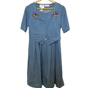Vintage Karin Stevens Size 12p Floral Embroidered Denim Midi Dress Tie Vest